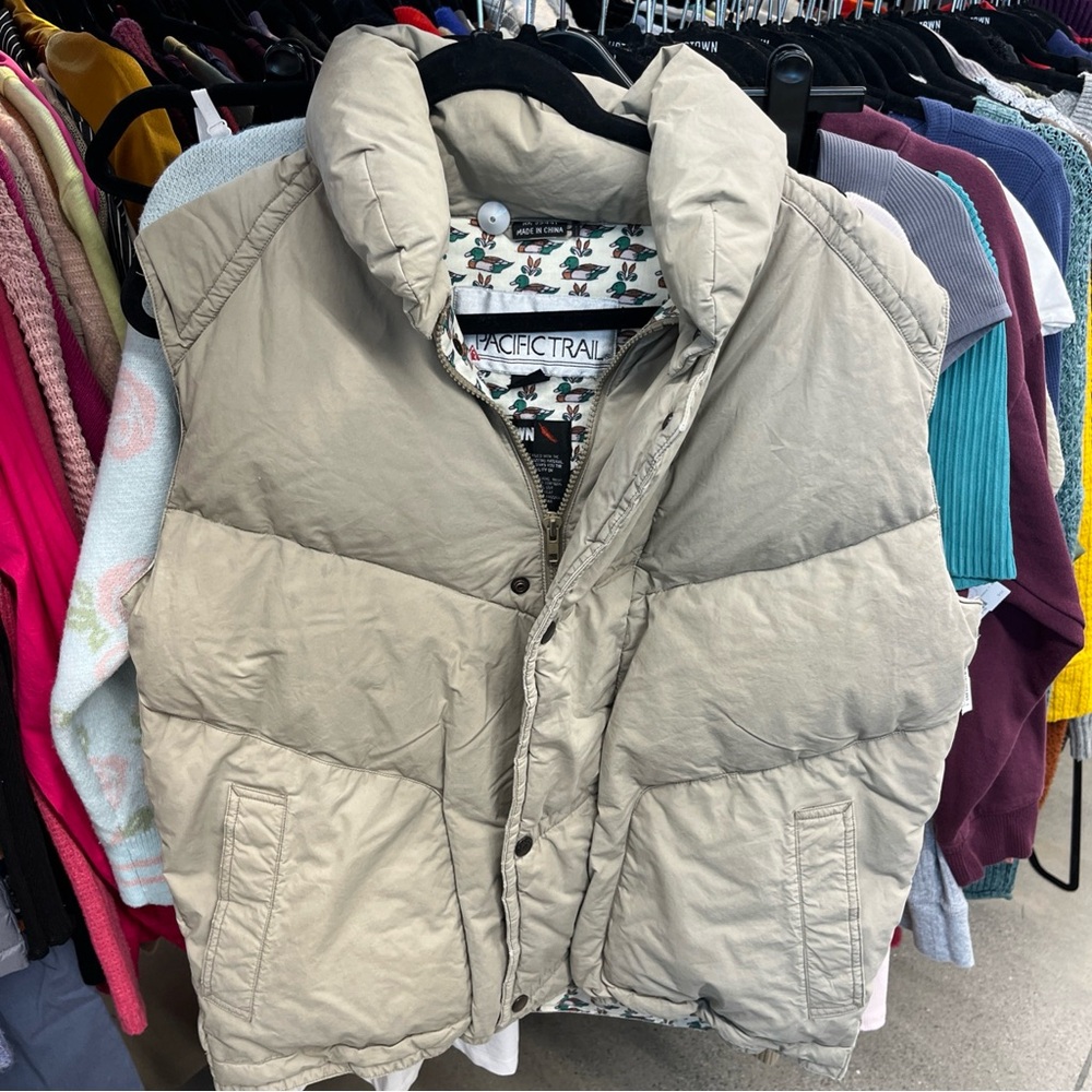 Pacific Trail Tan Vest with Duck Print Lining Down Vintage Outdoor Size L EUC